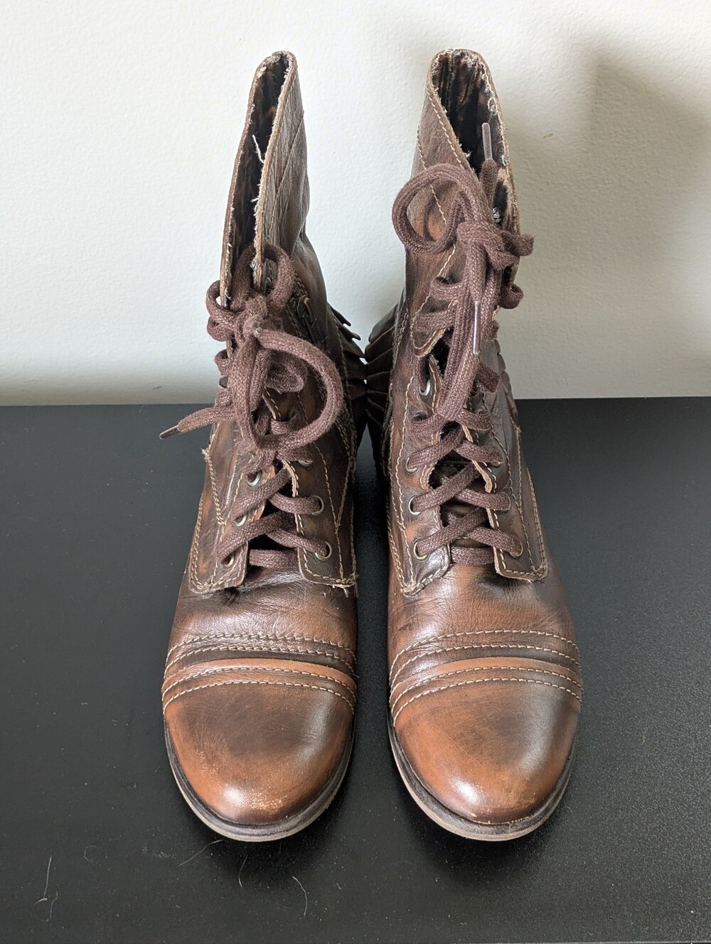 Betsey Johnson Vintage Distressed Brown Leather Combat Boots with Fringe Heel - Picture 7 of 10